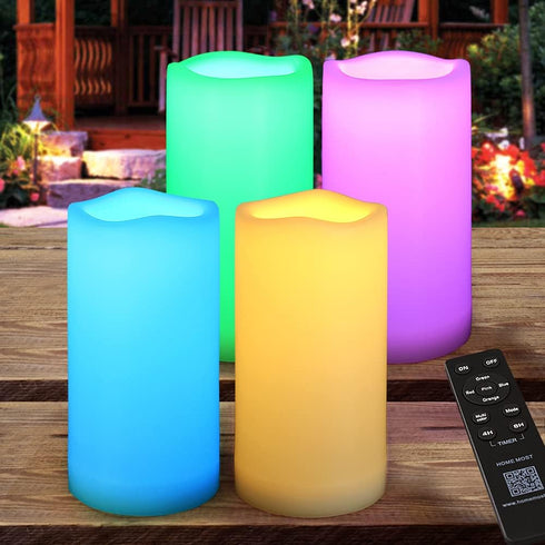 4-Pack Multicolor 3x6 Outdoor LED Pillar Candles with Timer and Remote -