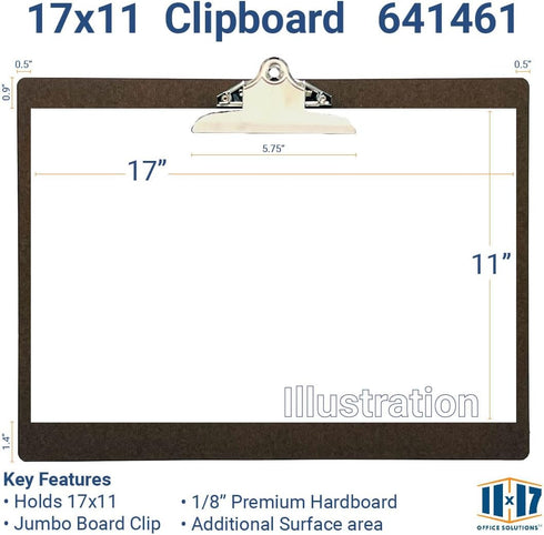 Professional Hardboard Clipboard - 17" x 11" Paper Holder, Jumbo Clip, Moisture Resistant, Made in USA