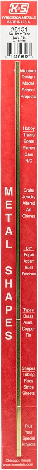 K&S Precision Metals 8151 Square Brass Tube, 1/8" OD x 0.014" Wall, 12" Long, 1 Piece