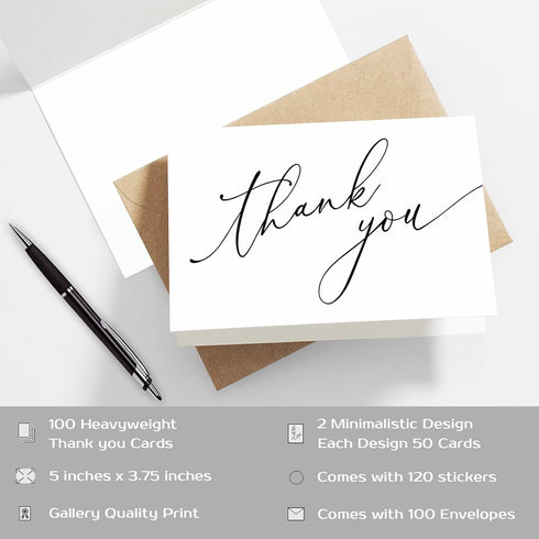 5 3.75 Inch 100-Pack, GIFTSFARM Thank You Cards with Kraft Envelopes & Stickers, x Minimalist Design, White
