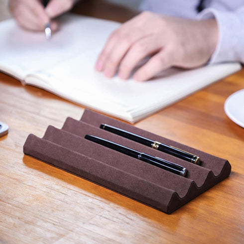 EURYNOME Genuine Leather Pen Display Case, 3 Pens Holder, Pen Display Stand for Desk
