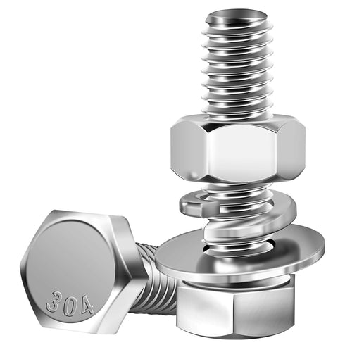 Hex Head Stainless Steel Bolts and Nuts (8 Sets) 3/8-16x1-1/4" with Flat & Lock Washers, 304 Stainless Steel 18-8