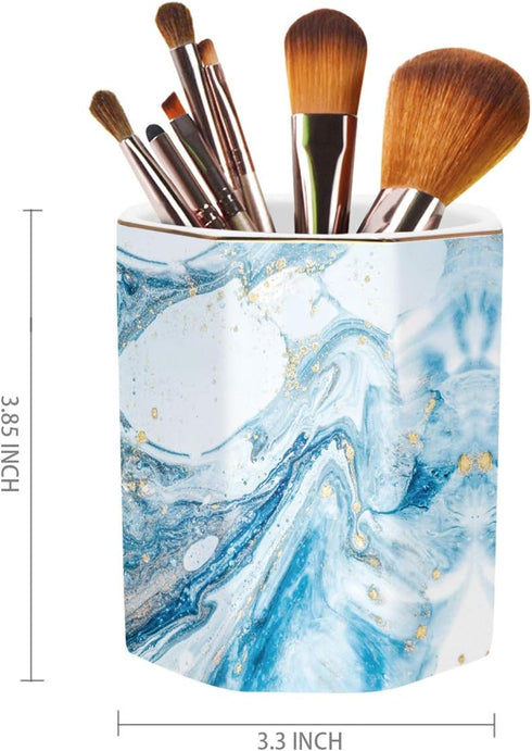 WAVEYU Marble Pattern Pen Holder, Durable Ceramic Pencil Cup for Desk Organizer, Makeup Brush Holder (Blue Marble)