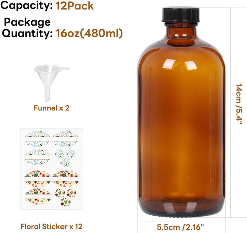 STARSIDE 12 Pack 16 oz Amber Glass Bottles with Lids, 480 ml Round Boston Bottles for Essential Oils, Juice