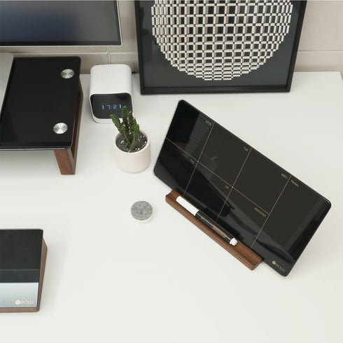 Desktop Black Glass Weekly Planner Dry Erase Whiteboard, 12x6" with Detachable Wood Stand, Small Portable Week Calendar