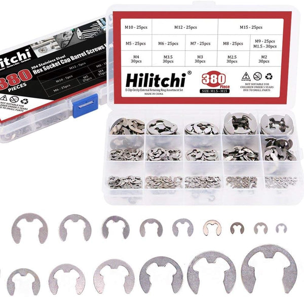 Hilitchi 380-Pcs E-Clip Circlip External Retaining Ring Assortment Set - 14 Sizes, 304 Stainless Steel