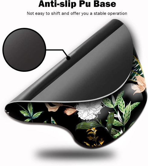 Ergonomic Mouse Pad with Wrist Support, Black Floral Cute Design, Non-Slip PU Base for Home Office Working & Pain Relief