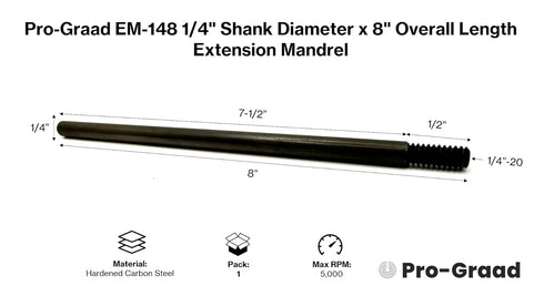 Pro-Graad EM-148 8 1/4" 8" 1/4"-20 Extension Shank for Quick Change Disc Pad Holders & Bore Polishers, Shank Mandrel x