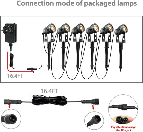 16.4 FT Outdoor Extension Cable, 2 Pin for Garden LED Spotlight, Black Waterproof Extension Cords