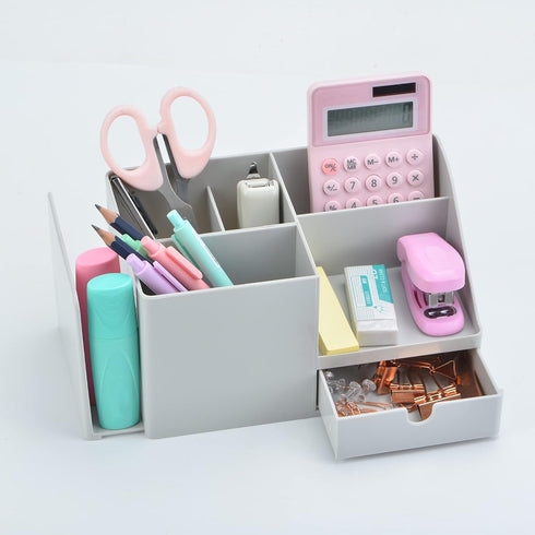 Desk Organizer with Bookshelf, White Multifunctional Organizer with Drawer for Makeup Storage, Small, Grey