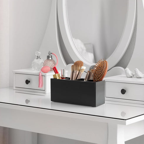 Pencil Pen Holder for Desk, Wooden Office Organizers with 4 Slots for Countertop, Makeup Brush Holder, Black