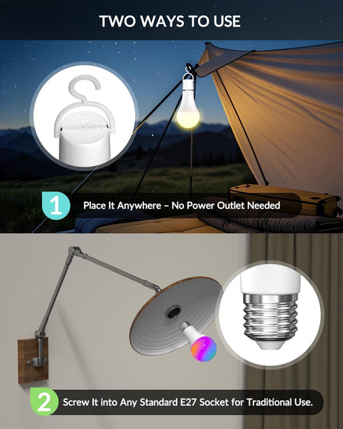 E26 Bulb Bulb,RGB 3 Temperature,Dimmable Bulb Lamps,2 Pack(4.86" Rechargeable Light with Remote Control,Battery Light