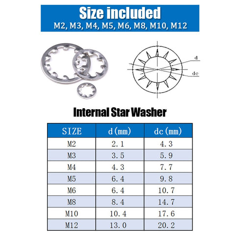 Hilitchi 300-Pcs 304 Stainless Steel Internal Tooth Star Lock Washers Assortment Set - 8 Sizes Included: M2 M3 M4 M5 M6