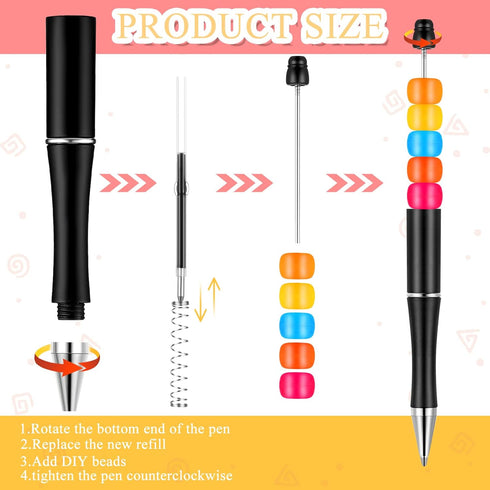 Crtiin 50 Pieces Plastic Beadable Pen Bulk, Black Ink Beaded Pens with 50 Refills for DIY School Supplies