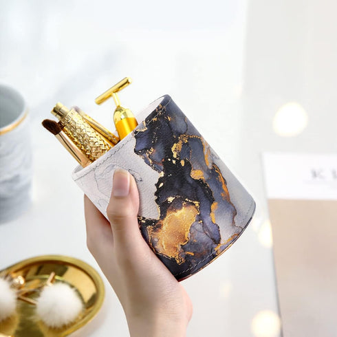 WAVEYU Marble Pen Holder for Desk - Large PU Leather Multi-Functional Organizer Cup for Office, Classroom, Home