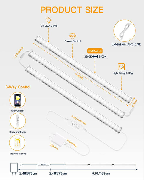 Dimmable 12 Inch Counter Closet, (3 Pack) Daymeet Ultra Thin Under Cabinet Lighting, Under Cabinet Lights Plug