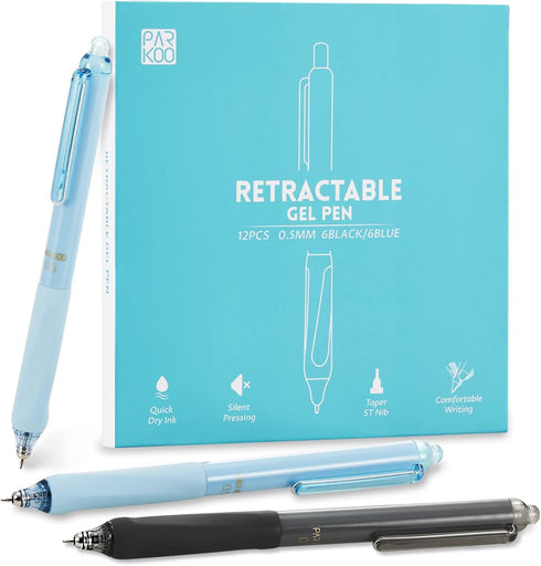 ParKoo Gel Pens Set, 12 Pcs, 0.5mm Fine Point, 6 Black/6 Blue Ink, Quick Dry, Click Silent Pens for Notetaking