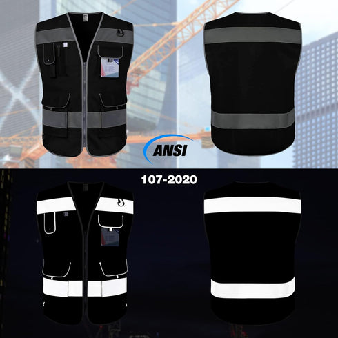 TCCFCCT Black Safety Vest for Men Women 9 Pockets High Visibility Reflective Vest for Safety, Work Vest with Reflective Strips, Meets ANSI/ISEA Standards, Large