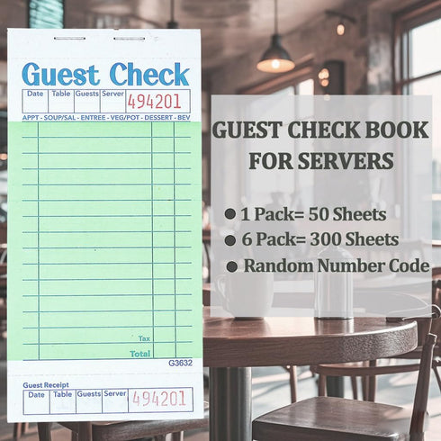 Officeva 6 Pack 300 Budgenix Guest Checks Server Note Pads, Orders, Green Guest Check Pads with Bottom Receipt