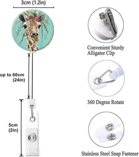 Nurse Badge Reel Retractable ID Badge Holder Reels with Alligator Clip, Decorative Giraffe Badge Reel Clip, 3 Pack