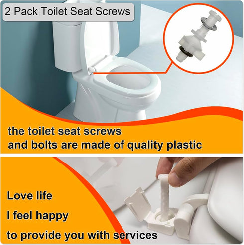 2 Pack Universal White Plastic Toilet Seat Screws Replacement Kit, Toilet Seat Hinges Bolts and Nuts for Top Mount Lid