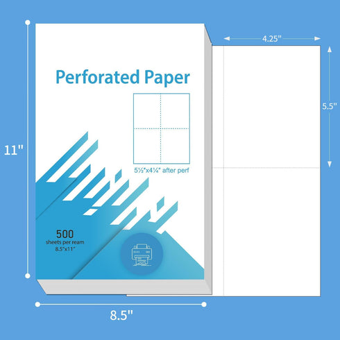 Premium Perforated Paper, 8.5 x 11" 4 Part Perf White (4-1/4 X 5-1/2"), 21lb, 500 Sheets US Letter Paper for Invoices,