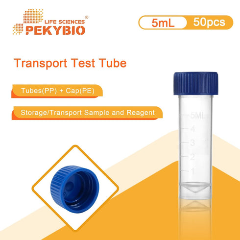 Sterile Plastic Graduated Test Tubes 5ml Sample Storage Container with Screw Cap Self-Standing Lab Transport Tube, Case of 50