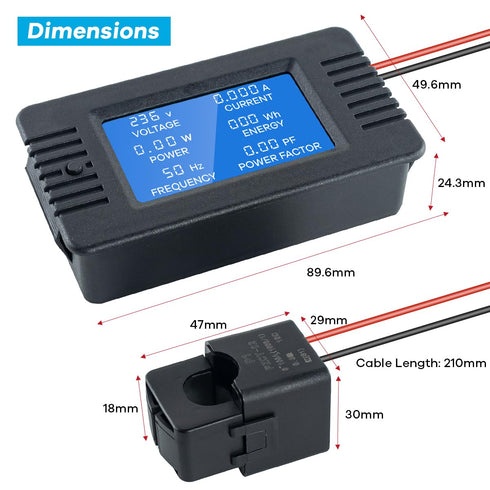 AC 80-260V 100A LCD Digital Display Multi-Function Power Monitor, Ammeter Voltmeter with Split Core Transformer