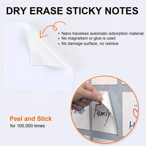 Dry Erase Sticky Notes Reusable - 4"×4"-6 Pack.White Sticky Notes Non-Magnetic Whiteboard Stickers for Wall,PC,Wood,Bricks
