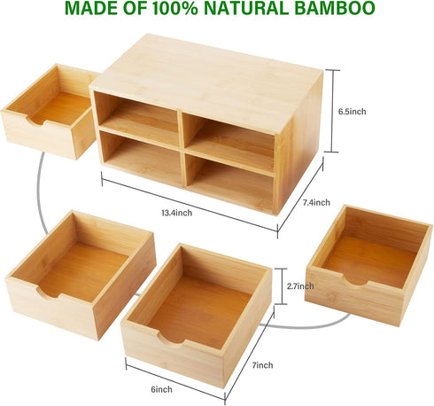 Bamboo Desk Organizer with 4 Drawers for Makeup Storage, Tabletop Organization Box for Home Office (No Assembly