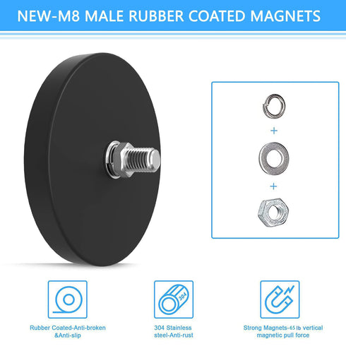 65lbs M8 Rubber Coated Super Strong Rare Earth Magnets,Anti-Scratch Strong Mounting Magnets,Magnet Base with Male