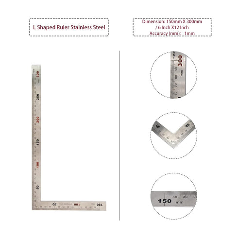 L Shaped Ruler 6" x 12" Metal 90 Degree Square Ruler for Carpenter Engineer - 300 x 150mm