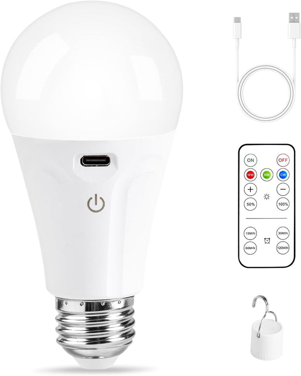 Powfloven Rechargeable Light Bulbs with Remote Control and USB Charging; Dimmable Battery Operated