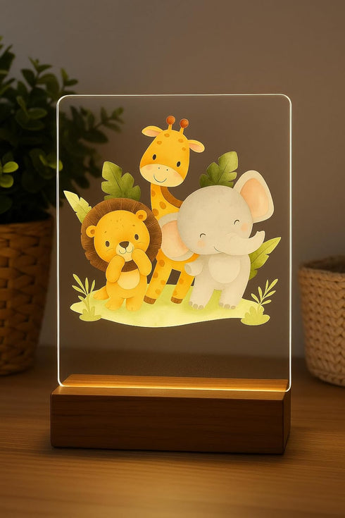 Personalized Led Night Light Name for Kids, Custom Cute Forest Animals with Wooden Base Bedroom Decor, Personalized