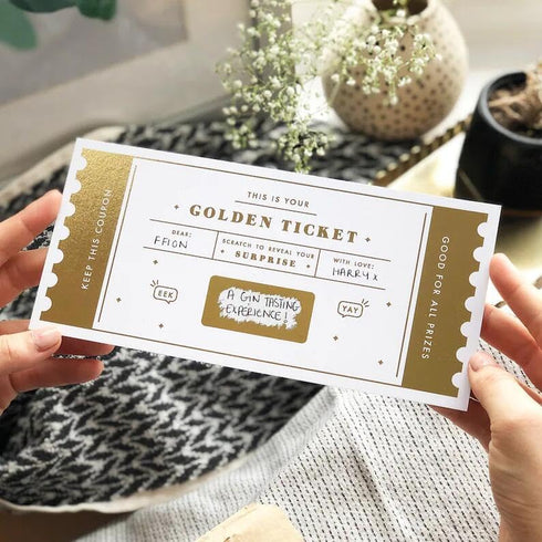 CJ&M The Golden Ticket | Scratch & reveal surprise ticket, Golden ticket, Scratch Card, Surprise holiday, Gift reveal