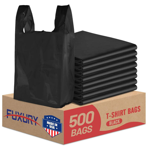 Fuxury 500 Count Plastic T-shirt Bags Black 11.5" x 6.5" x 21",