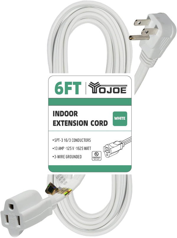 YOJOE 16/3 White Flat Plug Extension Cord, 6 Feet, 16AWG 3 Prong Grounded Wire Power Cable for Home and Office - UL