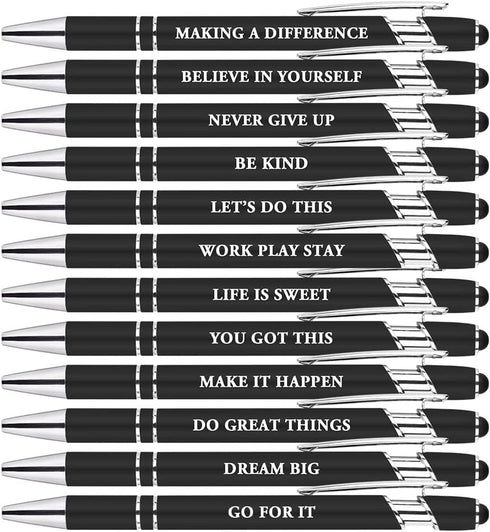 AUAUY 12 PCS Snarky Office Ballpoint Pens Set, 1 mm Black Ink, 12 Replacement Refills, 2 in 1 Stylus Pen, Funny Pens