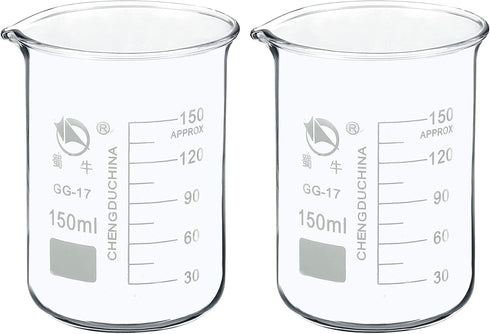 PATIKIL 150ml Low Form Glass Beaker, 2 Pack 3.3 Borosilicate Glass Graduated Measuring Cups with Spout for Kitchen