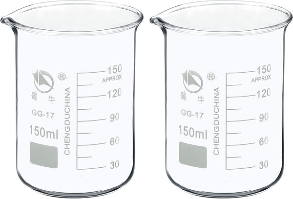 PATIKIL 150ml Low Form Glass Beaker, 2 Pack 3.3 Borosilicate Glass Graduated Measuring Cups with Spout for Kitchen