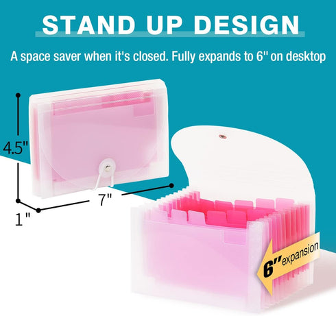 H4D 13 Pocket Accordion File Organizer, Coupon Receipt Holder, 7x4.5 Inches, Pink