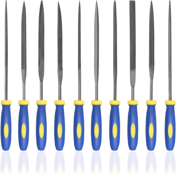 KALIM 10PCS Needle File Set, High Carbon Steel with Plastic Non-Slip Handle, 4mm Hand Tools for Wood, Plastic, Jewelry