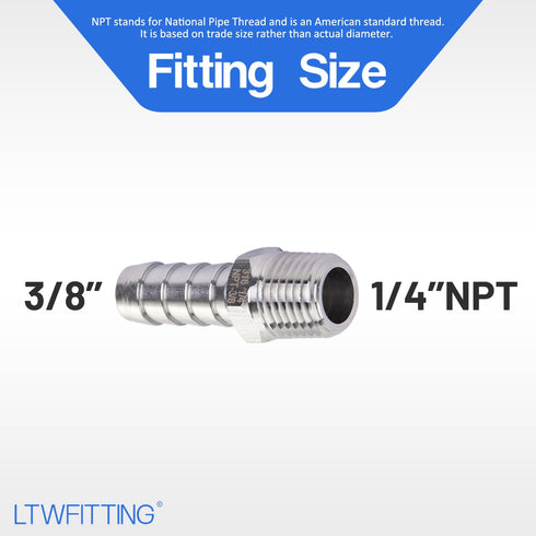 LTWFITTING Bar Production Stainless Steel 316 Barb Fitting Coupler/Connector 3/8" Hose ID x 1/4" Male NPT (Pack of 5)