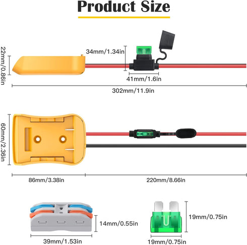 2 Packs Power Wheel Adapter for Dewalt 20V Battery, Converter Kit with Fuses & 12AWG Wire for DIY RC Cars