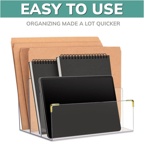 pbf Acrylic File Holder, Clear Desk Organizer with Gold Accents for Mail, Folders, and Magazines