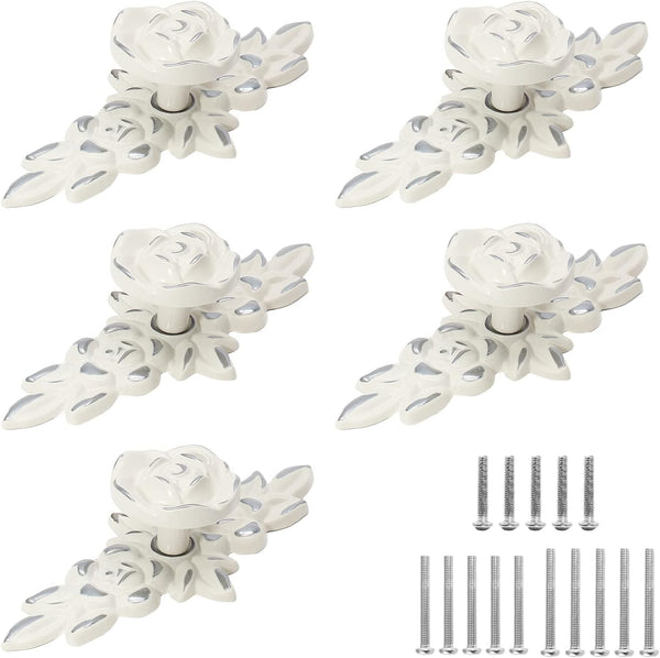 5 Pcs Rose Cabinet Knobs with Backplate, Vintage Floral Drawer Pulls, Zinc Alloy Handles for Cabinets, Dresser