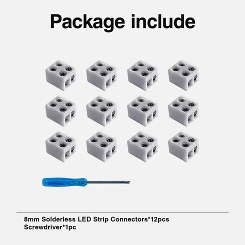 12 Pack LED Strip Light Connectors - 8mm 2 Pin Solderless White 12V LED Tape Light Connectors to Wire