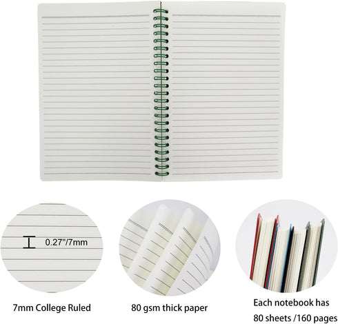 Spiral Notebook Set of 4, A5 College Ruled Lined Journal, 5.7'' x 8.3'', 80 Sheets Per Notebook, Writing Journals for