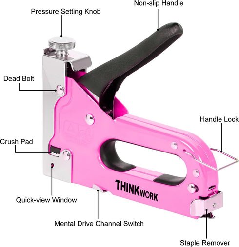 THINKOWRK 3 in 1 Light Pink Staple Gun - Home Use Upholstery with 900 Staples, Nail Gun for Wood, Fabric, DIY Repair