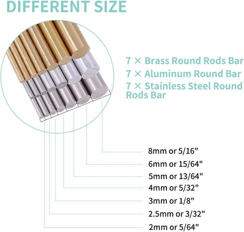 Swpeet 21Pcs Metal Round Rods Kit, 3 Kinds of Metal Materials, DIY Craft Tool, Diameter 2mm-8mm Length 100mm